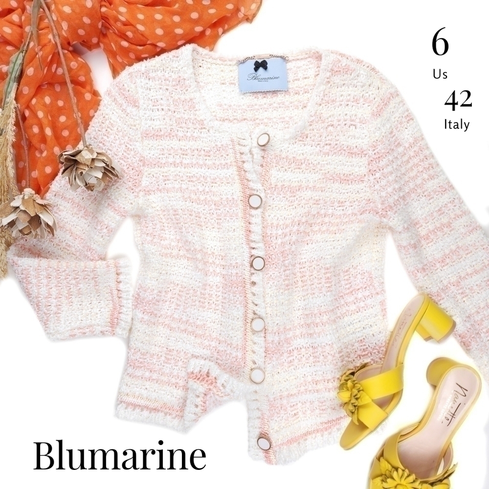New Blumarine Pink White Yellow Tweed Weave Cardigan Jacket Sz 6 - Picture 15 of 16